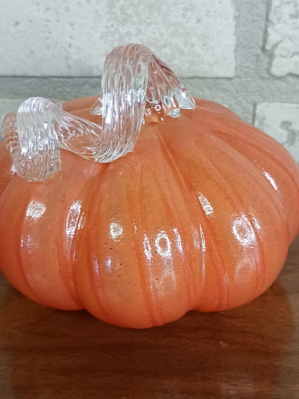 Glass Decorative Pumpkin Orange Hand Blown 4'' x 5'' Curl Stem Hand Blown Art